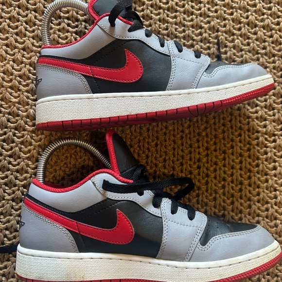 Nike Kids Black and Gray Air Jordans with Red Accents - Picture 3 of 6